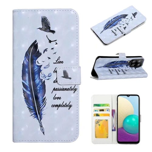 Funda de Cuero Samsung Galaxy A22 4G Dibujo 3D En Relieve al Óleo (Pluma Azul)