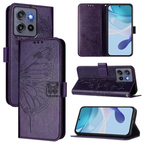 Funda de Cuero Motorola Moto G Stylus 5G 2025 con Diseño de Mariposa en Relieve (Morado Oscuro)