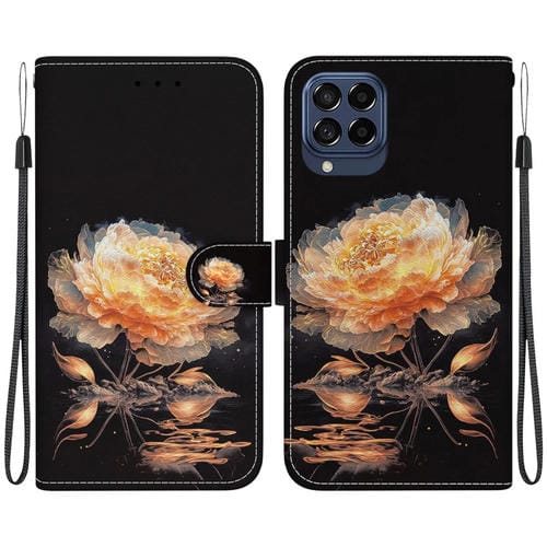 Funda para Teléfono Samsung Galaxy M33 5G Cuero Dibujo Coloreado Textura de Cristal (Peonía Dorada)