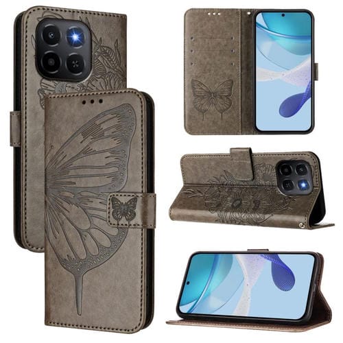 Funda de piel con diseño de mariposa en relieve para Honor X6c 4G (gris)