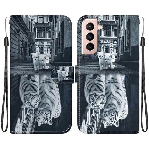 Funda de Cuero Samsung Galaxy S21 5G Dibujo Coloreado Textura Cristal (Reflejo Tigre Gato)