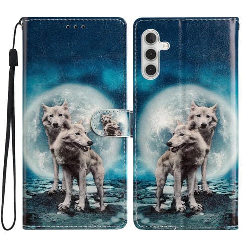 Funda de Cuero Samsung Galaxy A55 con Dibujo de Colores Lobos Gemelos