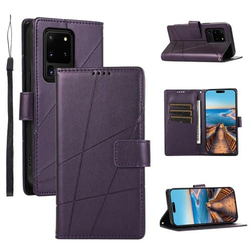 Funda para Teléfono Samsung Galaxy S20 Ultra Pu Cuero Genuino Línea En Relieve (Púrpura)