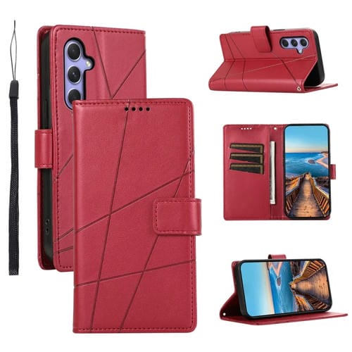 Funda para TelĂ©fono Samsung Galaxy A55 PU con LĂnea en Relieve y Textura de Cuero Genuino (Rojo)