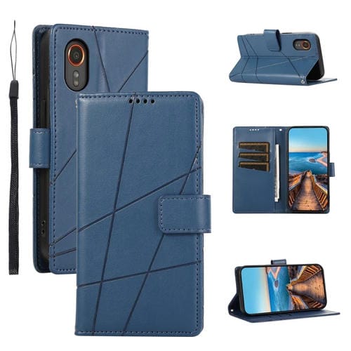 Funda para Teléfono Samsung Galaxy Xcover 7 con Línea en Relieve y Textura de Cuero Genuino (Azul)