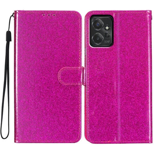 Funda de Cuero con Tapa y Purpurina para Motorola Moto G Power 5G (Rosa y Rojo)