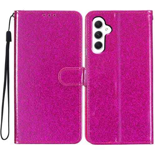Funda de Cuero para Samsung Galaxy A05S con Tapa y Purpurina en Polvo (Rojo Rosa)