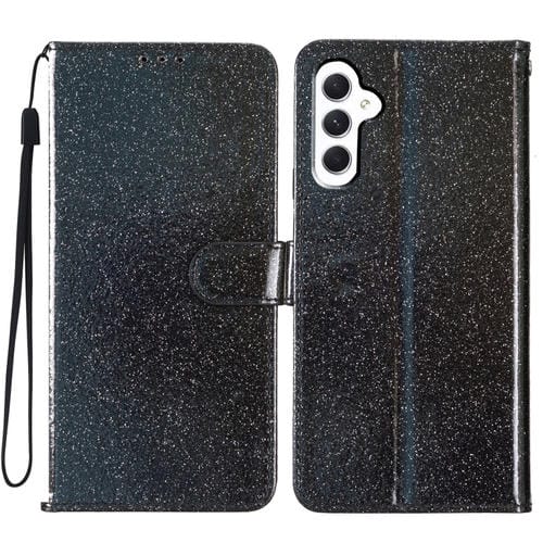 Funda para Teléfono Samsung Galaxy A55 con Tapa de Cuero y Purpurina en Polvo (Negro)
