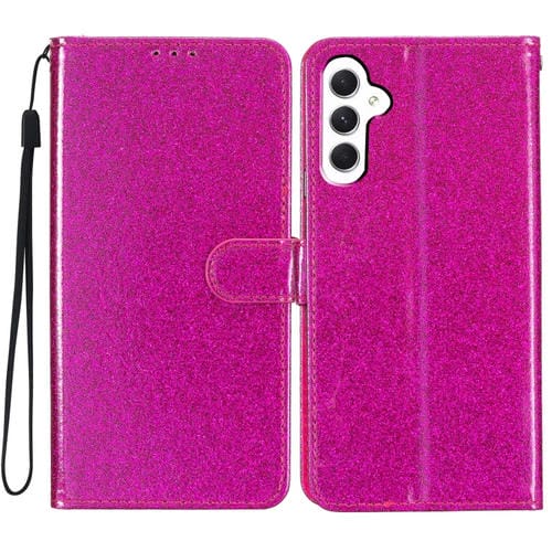 Funda de Cuero para Samsung Galaxy A55 con Tapa y Purpurina en Polvo (Rojo Rosa)