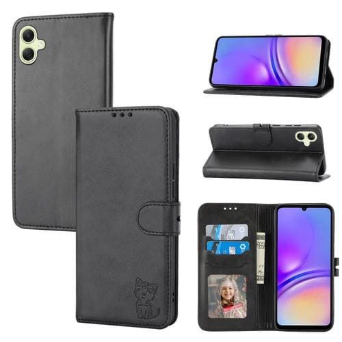 Funda para Teléfono Samsung Galaxy A05 Cuero Tapa Patrón Gato Feliz (Negro)