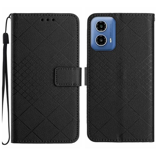 Funda de Cuero con Textura de Cuadrícula Rómbica para Motorola Moto G35 5G (Negra)