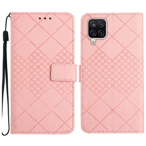 Funda de Cuero Samsung Galaxy A12 5G 4G M12 F12 Textura Rejilla Rómbica (Rosa)