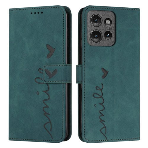 Funda de Piel con Relieve de Corazón para Motorola Edge 50 con Cordón Largo (Verde)