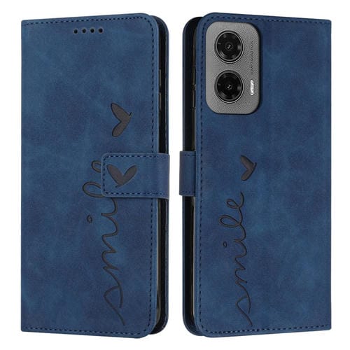Funda de Piel con Relieve de Corazón para Motorola Moto G35 con Cordón Largo (Azul)