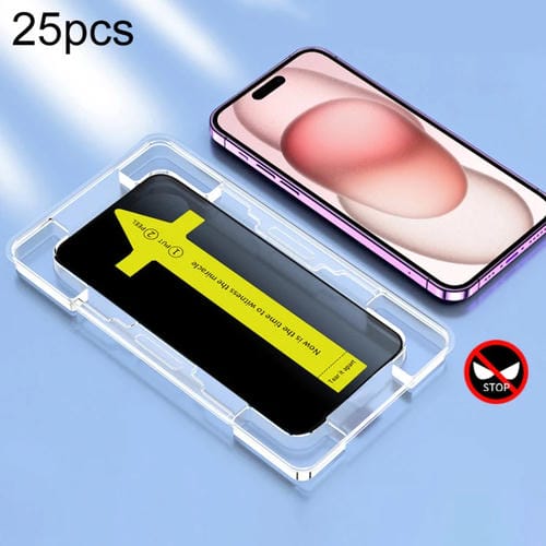 Película de Vidrio Templado para iPhone 15 Antiestática Prueba de Polvo Fijación Rápida Anti-Peeping (25 Piezas) - MOVILSTORE