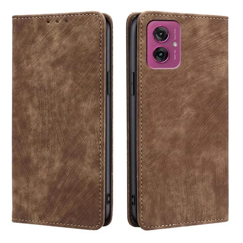Funda de Cuero Magnética con Cepillo Antirrobo RFID para Motorola Moto G55 5G (Marrón)