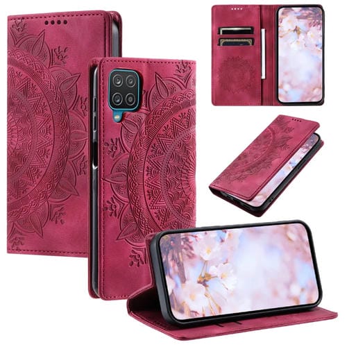 Estuche para Teléfono Samsung Galaxy A12 5G M12 F12 Cuero Magnético Relieve de Tótem (Rojo)