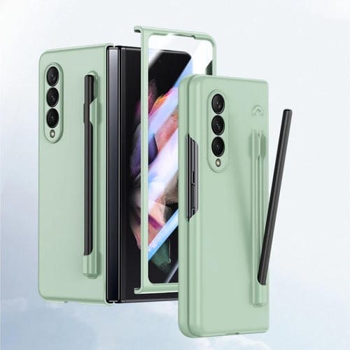 Estuche para telĂ©fono Samsung Galaxy Z Fold3 con sensaciĂłn de piel para PC con bolĂgrafo (Verde Claro)