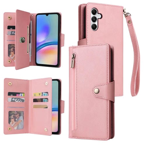 Funda de Cuero para Samsung Galaxy A05S con Remache Hebilla y 9 Tarjetas con Tres Pliegues (Oro Rosa)