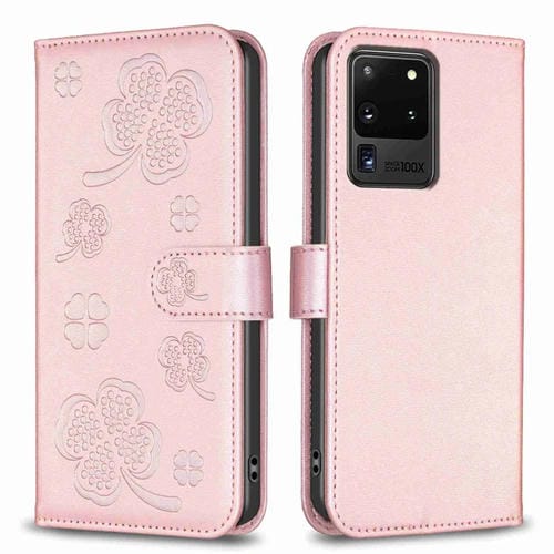 Funda de Cuero Samsung Galaxy S20 Ultra con Relieve de Cuatro Hojas (Rosa)