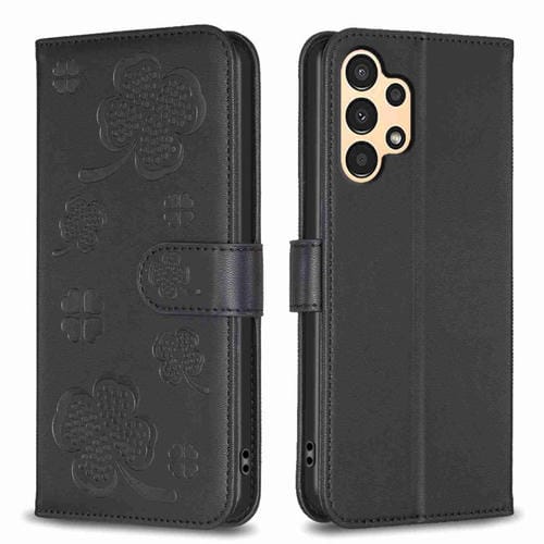 Funda de Cuero Samsung Galaxy A13 / A04 4G con Relieve Cuatro Hojas (Negro)