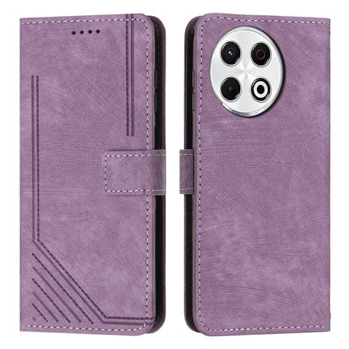 Funda de Cuero para Tecno Spark 30 Pro con Diseño de Rayas y Cordón Largo (Morado)