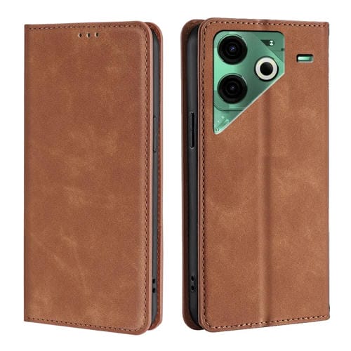Funda de Cuero Magnética con Tacto de Piel para Tecno Pova 6 Neo 4G (Marrón Claro)
