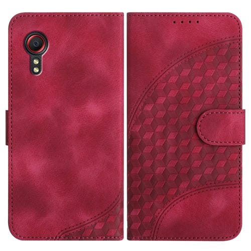Funda para Samsung Galaxy Xcover 5 Yx0060 de Cuero con Relieve y Cabeza de Elefante con Cordón (Rojo Rosa)