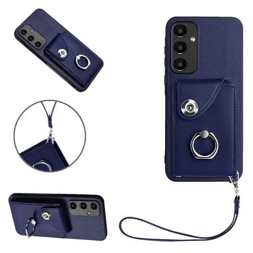 Funda para Teléfono Samsung Galaxy A35 PU con Soporte para Anillo y Bolsa para Tarjeta con Cordón (Azul)