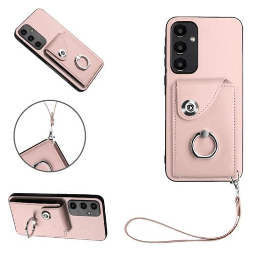 Funda para Teléfono Samsung Galaxy A55 de PU con Soporte para Anillo y Bolsa para Tarjeta con Cordón (Rosa)