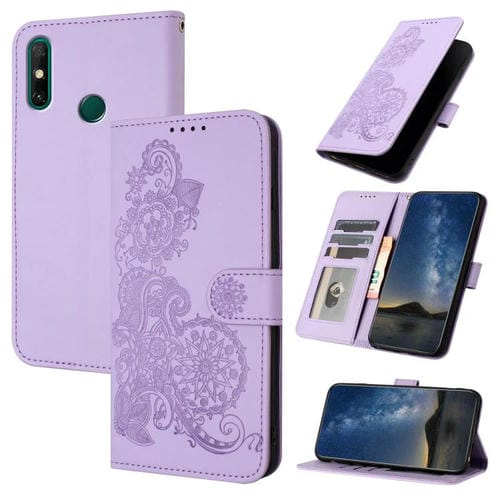 Funda de Cuero con Tapa y Flor de Datura en Relieve para Huawei Enjoy 20E (Morado)