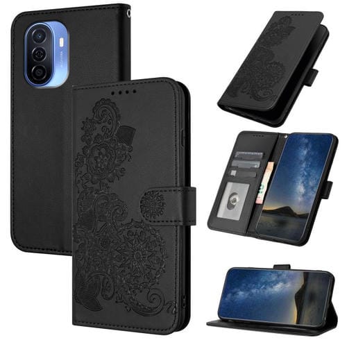 Funda de Cuero con Tapa y Relieve Flor de Datura para Huawei Enjoy 50/Nova Y70 (Negra)