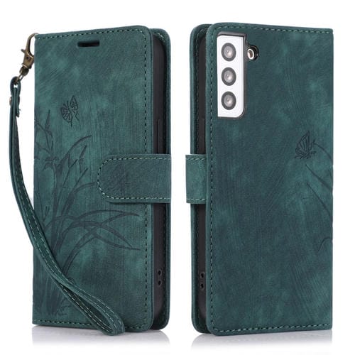 Funda para TelĂ©fono Samsung Galaxy S21 FE 5G Cuero Relieve Mariposa OrquĂdea (Verde)