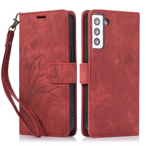 Funda para TelĂ©fono Samsung Galaxy S21 FE 5G Cuero Relieve Mariposa OrquĂdea (Rojo)