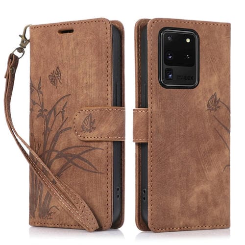 Funda de Cuero Samsung Galaxy S20 Ultra Orchid Butterfly En Relieve (MarrĂłn)