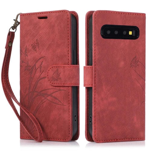 Funda para Samsung Galaxy S10 Cuero Relieve Mariposa OrquĂdea (Rojo)