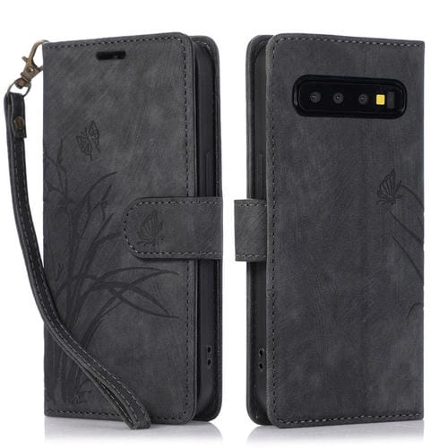 Funda de Cuero Samsung Galaxy S10 con Relieve Mariposa OrquĂdea (Negro)