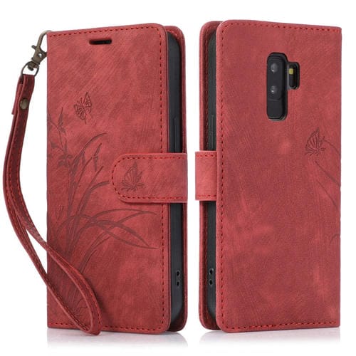 Funda de Cuero para Samsung Galaxy S9 con Relieve Mariposa Orquídea (Rojo)