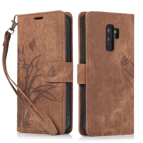 Funda para Samsung Galaxy S9 + Cuero con Relieve Mariposa OrquĂdea (MarrĂłn)