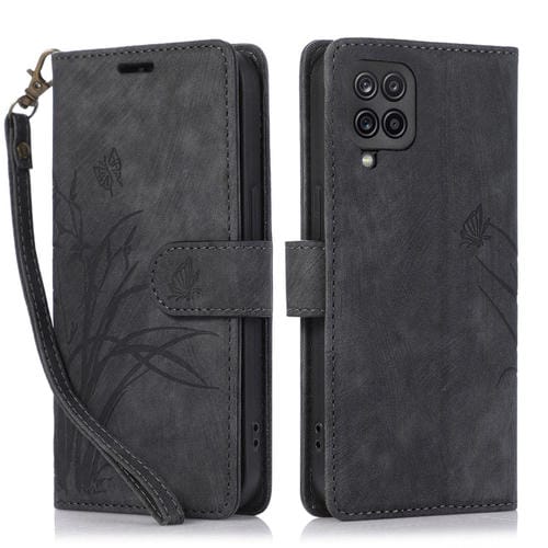 Funda para Teléfono Samsung Galaxy A12 M12 Cuero Relieve Mariposa Orquídea (Negro)