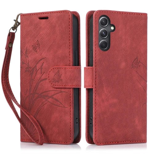Funda para TelĂ©fono Samsung Galaxy A15 4G Cuero Relieve Mariposa OrquĂdea (Rojo)
