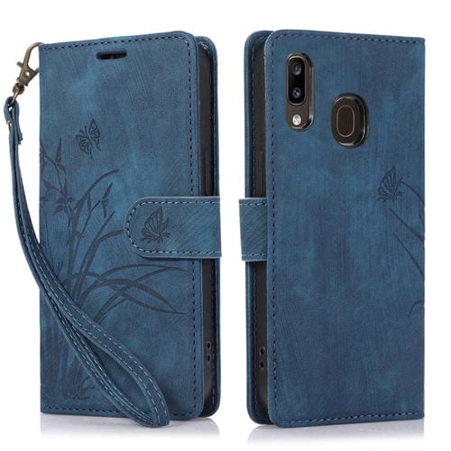 Funda para TelĂ©fono Samsung Galaxy A20 / A30 Cuero Relieve Mariposa OrquĂdea (Azul)