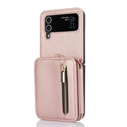 Estuche plegable para teléfono Samsung Galaxy Z Flip3 con ranuras para tarjetas y cremallera RFID con cordón largo (Oro Rosa)