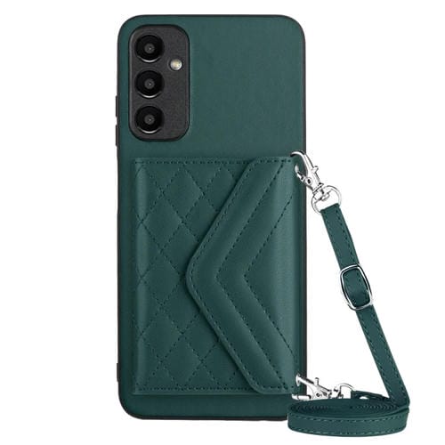 Estuche para Teléfono Samsung Galaxy A15 Rfid con Bolsa para Tarjetas Textura Rómbica y Cordón Largo (Verde)