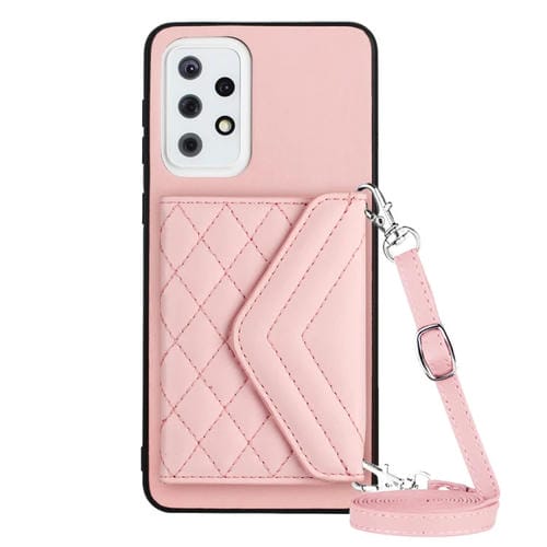 Funda para Teléfono Samsung Galaxy A33 5G Rfid con Bolsa para Tarjetas Textura Rómbica y Cordón Largo (Oro Rosa)