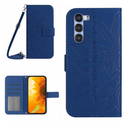 Funda de Cuero ZTE Nubia S 5G A403Zt con Diseño de Girasol y Cordón (Azul Oscuro)