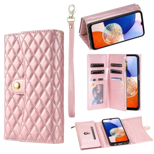 Funda para Teléfono Samsung Galaxy A24 4G con Billetera Múltiples Tarjetas Cremallera Cuero Rómbico (Oro Rosa)