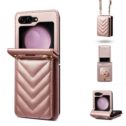Funda de Cuero Plegable Rombal para Samsung Galaxy Z Flip5 con Cordón Largo (Oro Rosa)