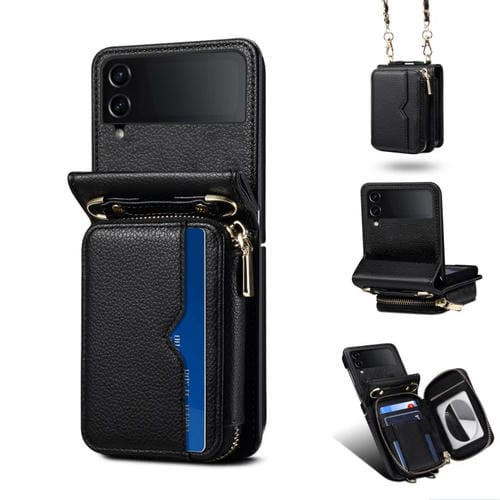 Funda para Samsung Galaxy Z Flip3 Cuero Plegable con Cordón Largo (Negro)