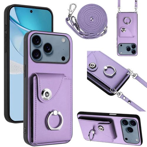Funda para iPhone 17 Pro con tarjetero, anilla y cordón largo (morado)